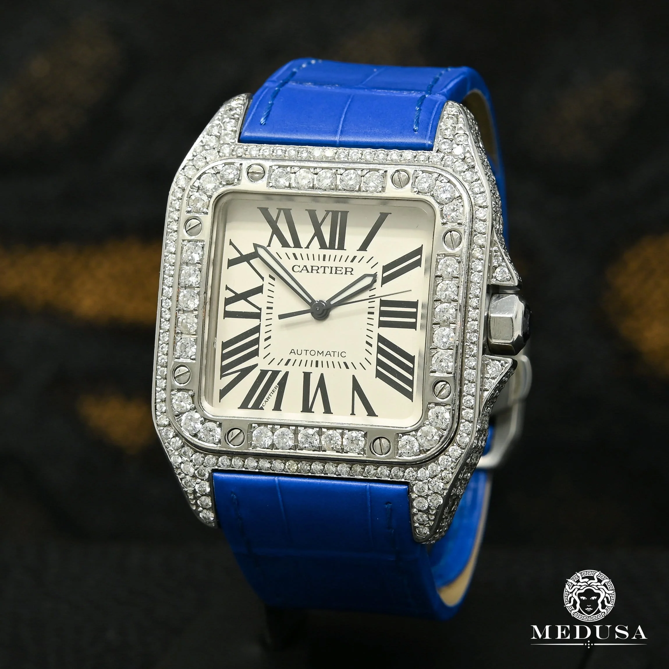 40mm Cartier Santos 100 Iced - Blue Crocodile