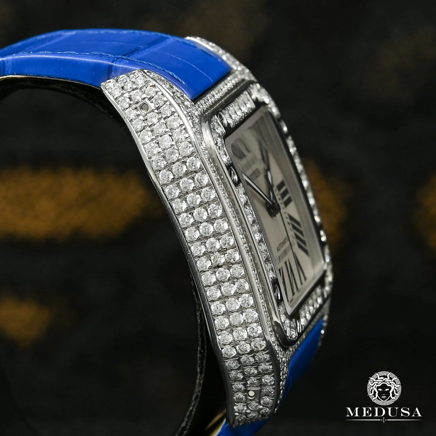 40mm Cartier Santos 100 Iced - Blue Crocodile - Image 3